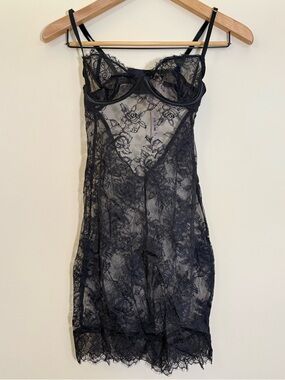 Victoria’s Secret Black Lace Lingerie Sheer Slip Dress Thong Sexy Babydoll NWT